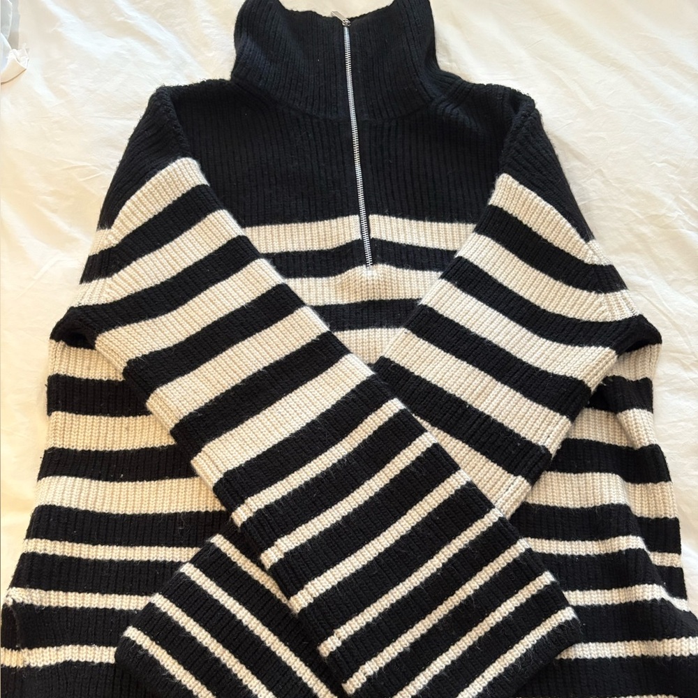 H&M Black and White Striped Zip Sweater